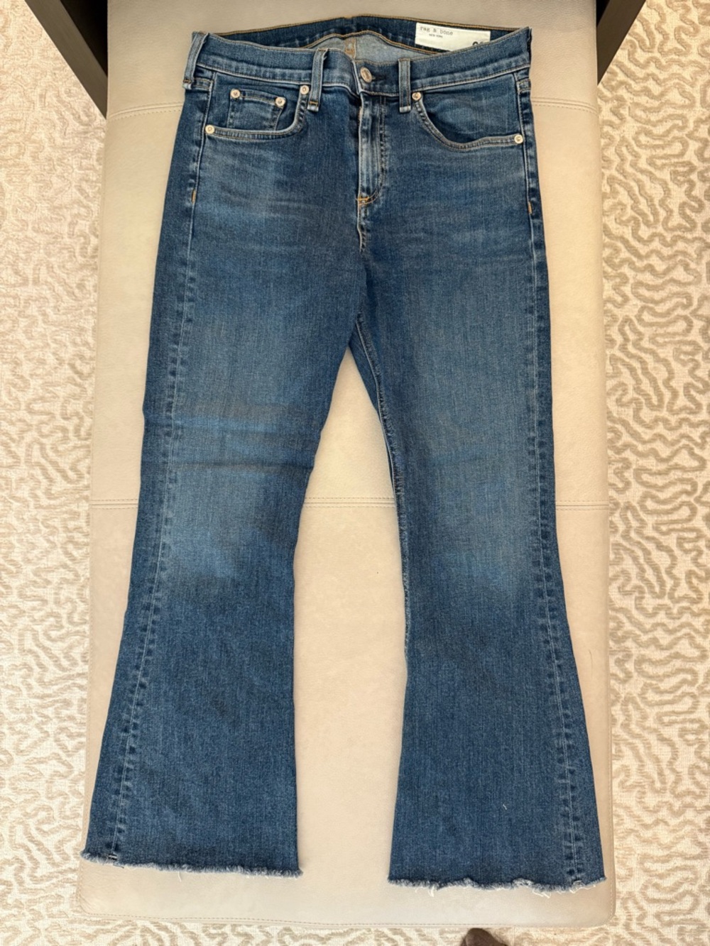 rag & bone Blue Cropped Flare-Leg Jeans with Raw Hem